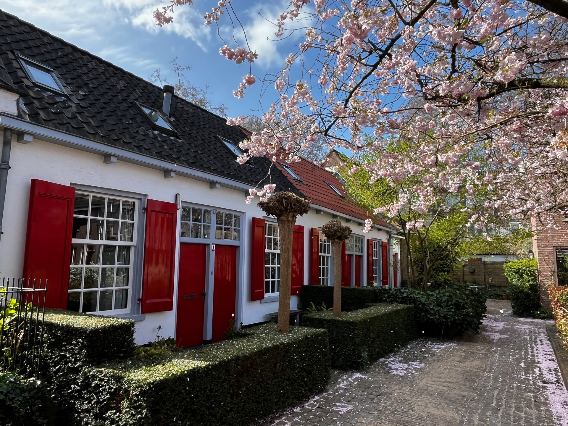 Hofje met witte huisjes en rode luiken