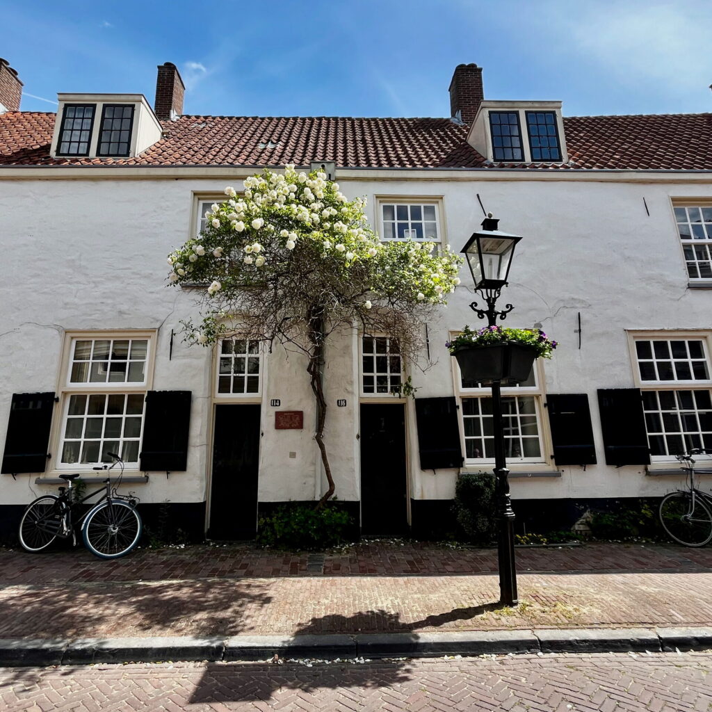 Wit huis met groene luiken en een lantaarn in een hofje
